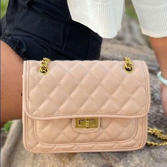 Diamond Quilted Gold Chain Shoulder Bag-Peachy Nude - Picture 1 of 1